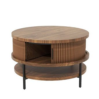 VIYET 31.5" Round Flip-Top Coffee Table - Farmhouse Storage Center with Sliding Doors