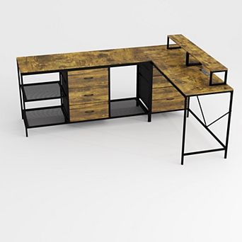 VIYET 114" L-Shaped Gaming Desk with Power Hub - 6 Drawers, CPU Shelf & Adjustable Monitor Stand
