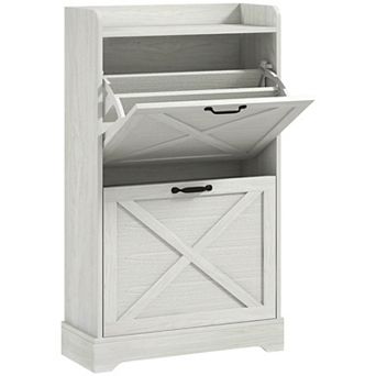 Farmhouse Slim Shoe Cabinet, 2 Flip Drawers, Adjustable Shelves, for Entryway & Hallway