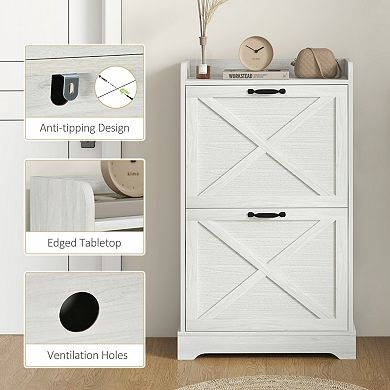 Farmhouse Slim Shoe Cabinet, 2 Flip Drawers, Adjustable Shelves, for Entryway & Hallway