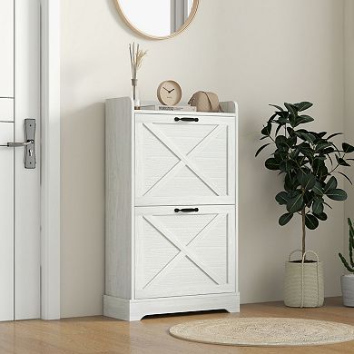 Farmhouse Slim Shoe Cabinet, 2 Flip Drawers, Adjustable Shelves, for Entryway & Hallway