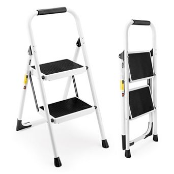VIYET 2-Step White Folding Step Stool - 330lb Capacity Lightweight Ladder with Safety Handrail