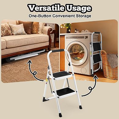 VIYET 2-Step White Folding Step Stool - 330lb Capacity Lightweight Ladder with Safety Handrail