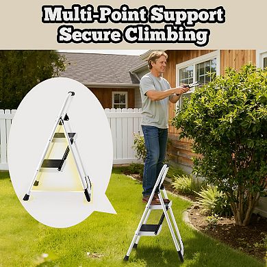 VIYET 2-Step White Folding Step Stool - 330lb Capacity Lightweight Ladder with Safety Handrail