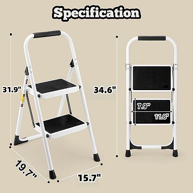 VIYET 2-Step White Folding Step Stool - 330lb Capacity Lightweight Ladder with Safety Handrail