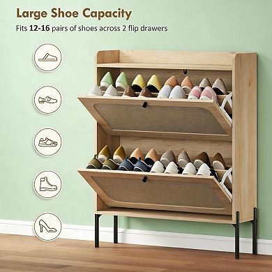 Boho Narrow Shoe Cabinet with 2 Flip Drawers & Adjustable Shelves, for Entryway, Hallway