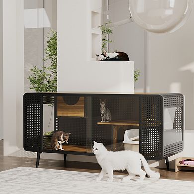 IFMALL Spacious Indoor Cat Enclosure with Shelves and Sliding Glass Doors