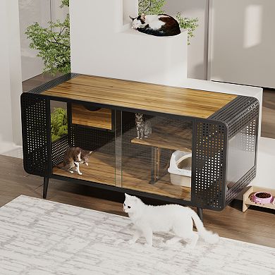 IFMALL Spacious Indoor Cat Enclosure with Shelves and Sliding Glass Doors