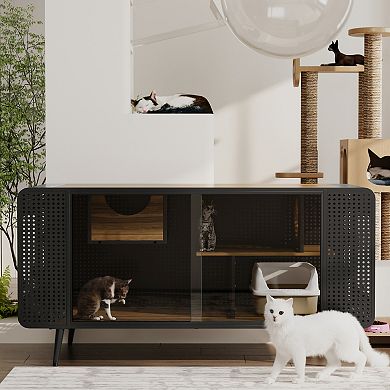 IFMALL Spacious Indoor Cat Enclosure with Shelves and Sliding Glass Doors