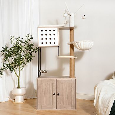 IFMALL Multi-Level Cat Furniture with Enclosed Litter Box and Play Area