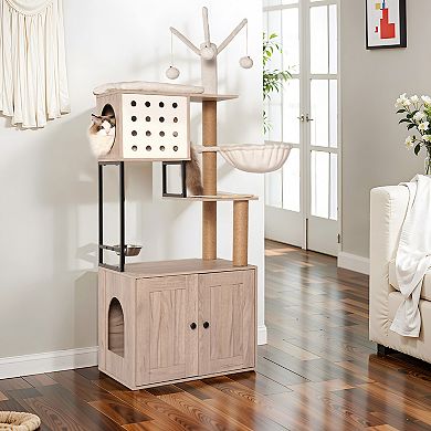 IFMALL Multi-Level Cat Furniture with Enclosed Litter Box and Play Area