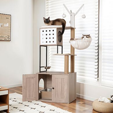 IFMALL Multi-Level Cat Furniture with Enclosed Litter Box and Play Area