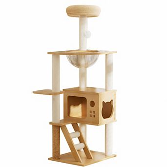 IFMALL Modern Wooden Cat Tower with Scratching Posts and Comfortable Perch