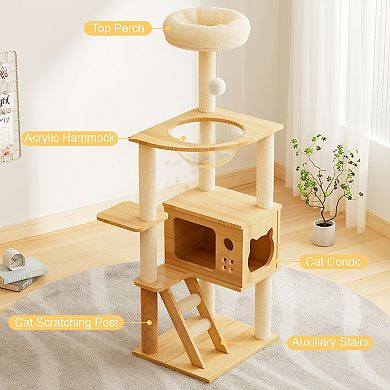 IFMALL Modern Wooden Cat Tower with Scratching Posts and Comfortable Perch