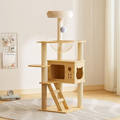 IFMALL Modern Wooden Cat Tower with Scratching Posts and Comfortable Perch