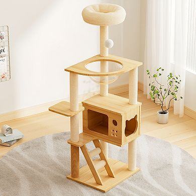 IFMALL Modern Wooden Cat Tower with Scratching Posts and Comfortable Perch