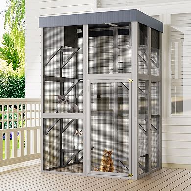 IFMALL Large Solid Wood Outdoor Cat Enclosure with Multiple Platforms and Napping Houses