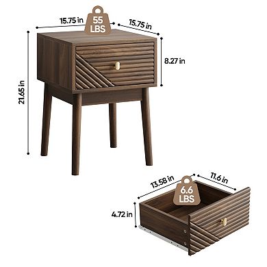 Mid-Century Modern Walnut Nightstand with Gold Handle, Side Table for Bedroom, Living Room