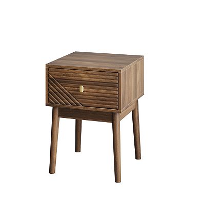 Mid-Century Modern Walnut Nightstand with Gold Handle, Side Table for Bedroom, Living Room
