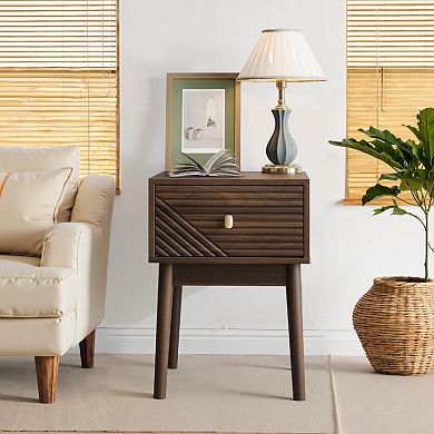 Mid-Century Modern Walnut Nightstand with Gold Handle, Side Table for Bedroom, Living Room