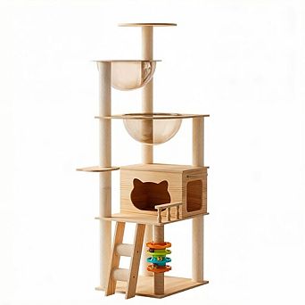 IFMALL Modern Wood Cat Tower Indoor Pet Furniture with Perch Hammock