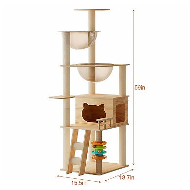 IFMALL Modern Wood Cat Tower Indoor Pet Furniture with Perch Hammock