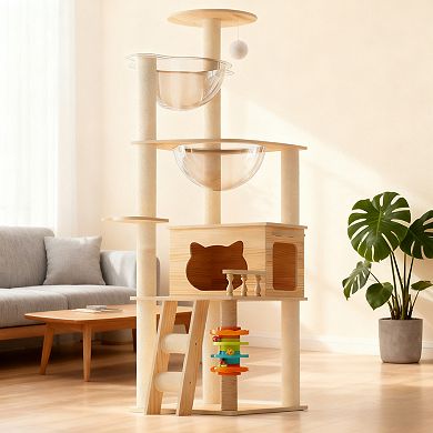 IFMALL Modern Wood Cat Tower Indoor Pet Furniture with Perch Hammock