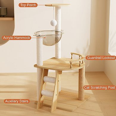 IFMALL Modern Wood Cat Tree Tower with Scratching Posts and Hammock Perch