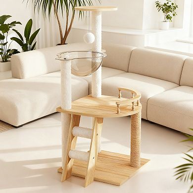 IFMALL Modern Wood Cat Tree Tower with Scratching Posts and Hammock Perch