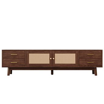 70" Modern Living Room TV Stand with Rattan Doors for up to 80" and Storage Space