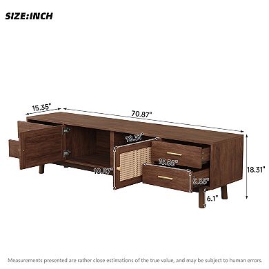 70" Modern Living Room TV Stand with Rattan Doors for up to 80" and Storage Space