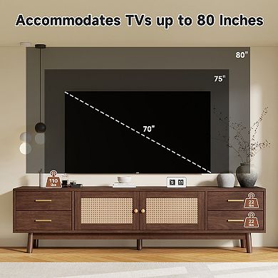 70" Modern Living Room TV Stand with Rattan Doors for up to 80" and Storage Space
