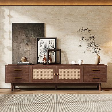70" Modern Living Room TV Stand with Rattan Doors for up to 80" and Storage Space