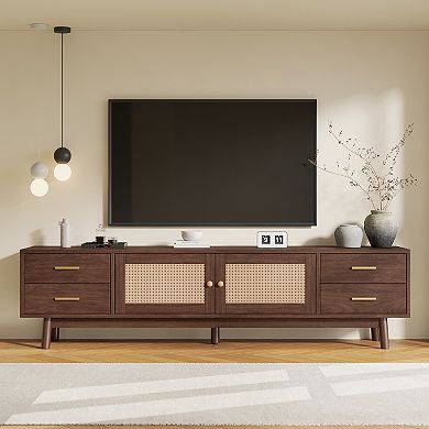 70" Modern Living Room TV Stand with Rattan Doors for up to 80" and Storage Space