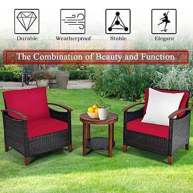 Clihome 3 Pieces Patio Wicker Set with Washable Cushion & Acacia Wood Table