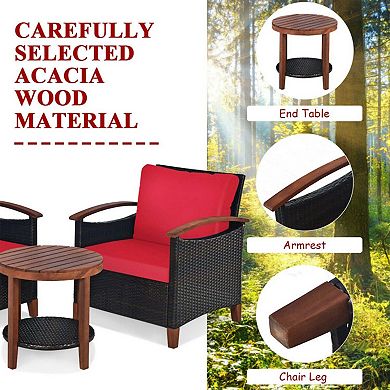 Clihome 3 Pieces Patio Wicker Set with Washable Cushion & Acacia Wood Table