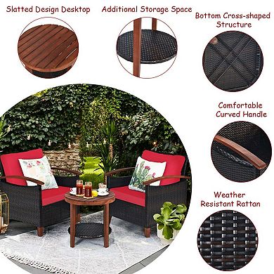Clihome 3 Pieces Patio Wicker Set with Washable Cushion & Acacia Wood Table