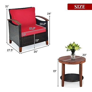Clihome 3 Pieces Patio Wicker Set with Washable Cushion & Acacia Wood Table