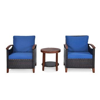 Clihome 3 pc Patio Wicker Set with Washable Cushion & Acacia Wood Table