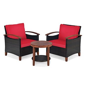 Clihome 3 pc Patio Wicker Set with Washable Cushion & Acacia Wood Table