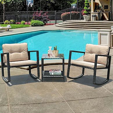 Clihome 3 Pieces Patio Rattan Furniture Set with Rocking Chairs & Table