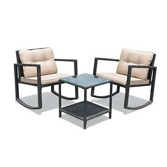 Clihome 3 pc Patio Rattan Furniture Set with Rocking Chairs & Table
