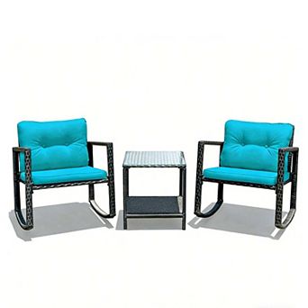 Clihome 3 pc Patio Rattan Furniture Set with Rocking Chairs & Table