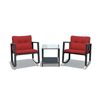 Clihome 3 pc Patio Rattan Furniture Set with Rocking Chairs & Table