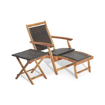 Clihome 2 pc Patio Rattan Folding Lounge Chair with Acacia Wood Table