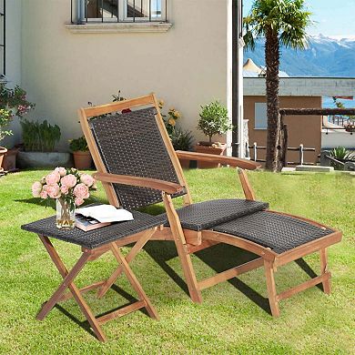 Clihome 2 Pieces Patio Rattan Folding Lounge Chair with Acacia Wood Table