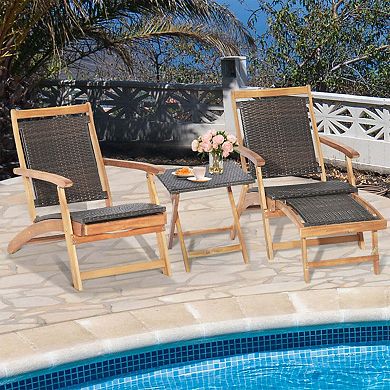 Clihome 2 Pieces Patio Rattan Folding Lounge Chair with Acacia Wood Table