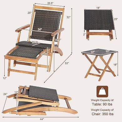 Clihome 2 Pieces Patio Rattan Folding Lounge Chair with Acacia Wood Table