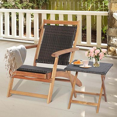 Clihome 2 Pieces Patio Rattan Folding Lounge Chair with Acacia Wood Table