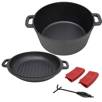 5-qt 3 in 1 Pre-Seasoned Cast Iron Dutch Oven, Outdoor Camping Deep Pot, Cover As A Skillet